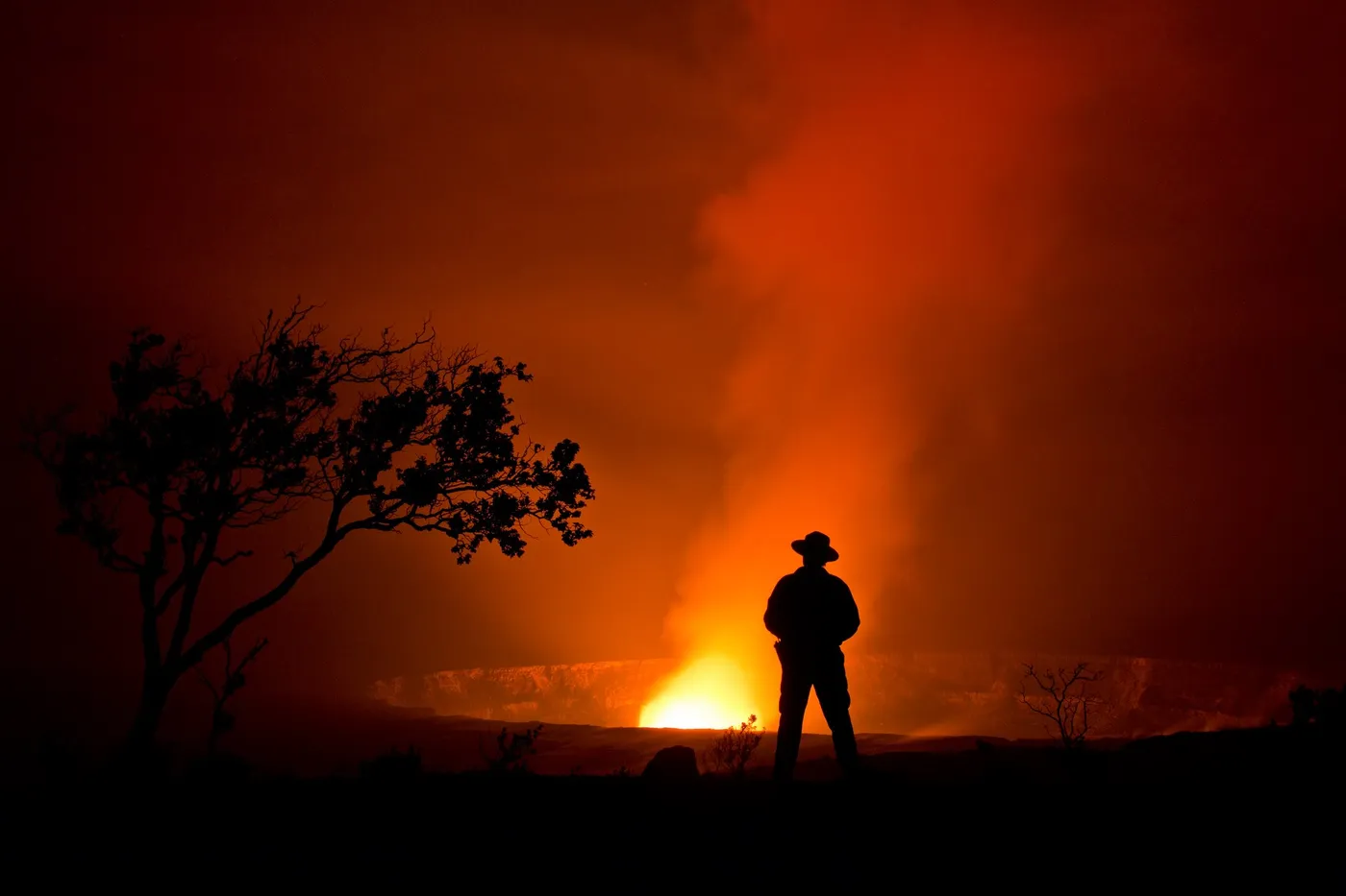 Orange glow from Halemaʻumaʻu crater after dark at Kīlauea’s summit