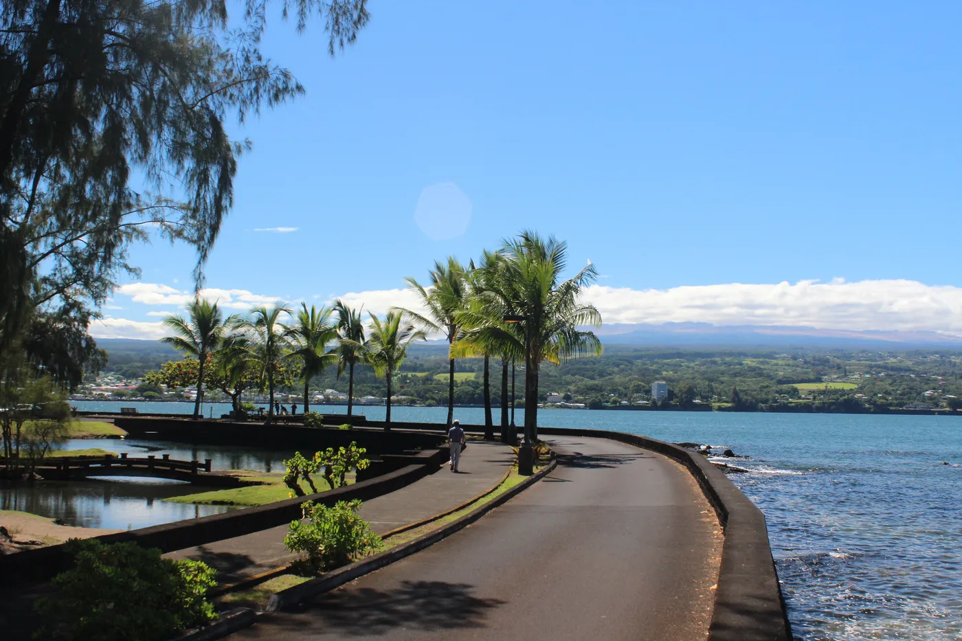 Calm water of Hilo Bay, with the town and green hills behind