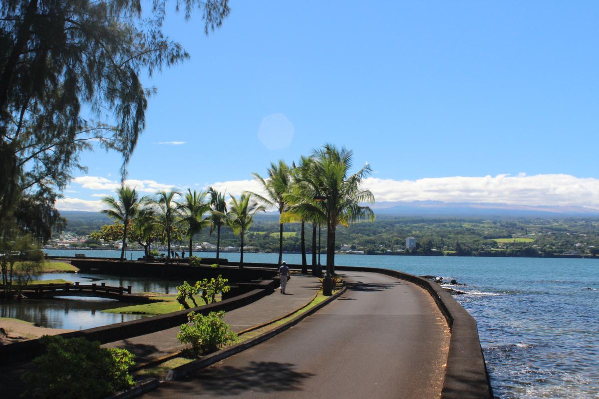 Calm water of Hilo Bay seen from Liliʻuokalani Park, with the town and green hills behind