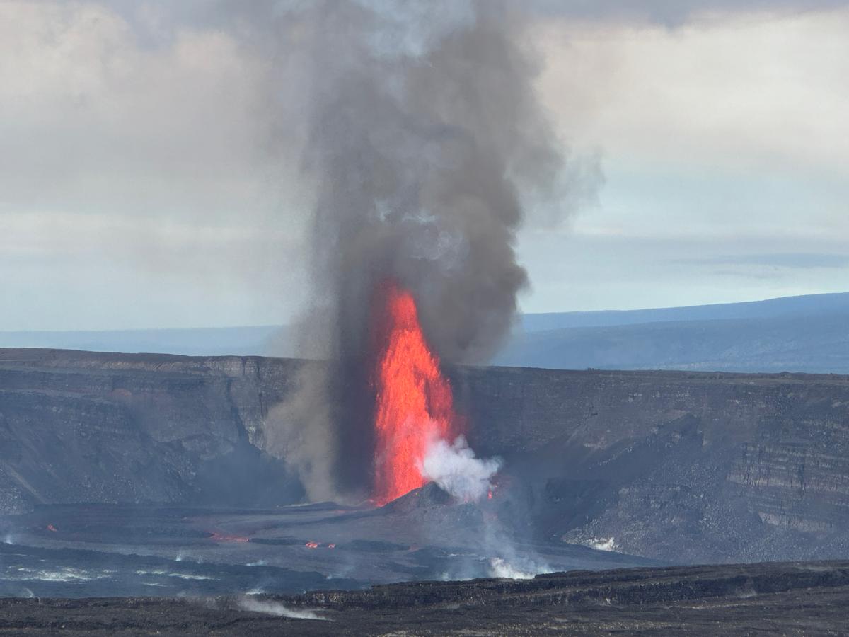 Lava fountain rising from Halemaʻumaʻu crater at Kīlauea’s summit during the 2025 eruption