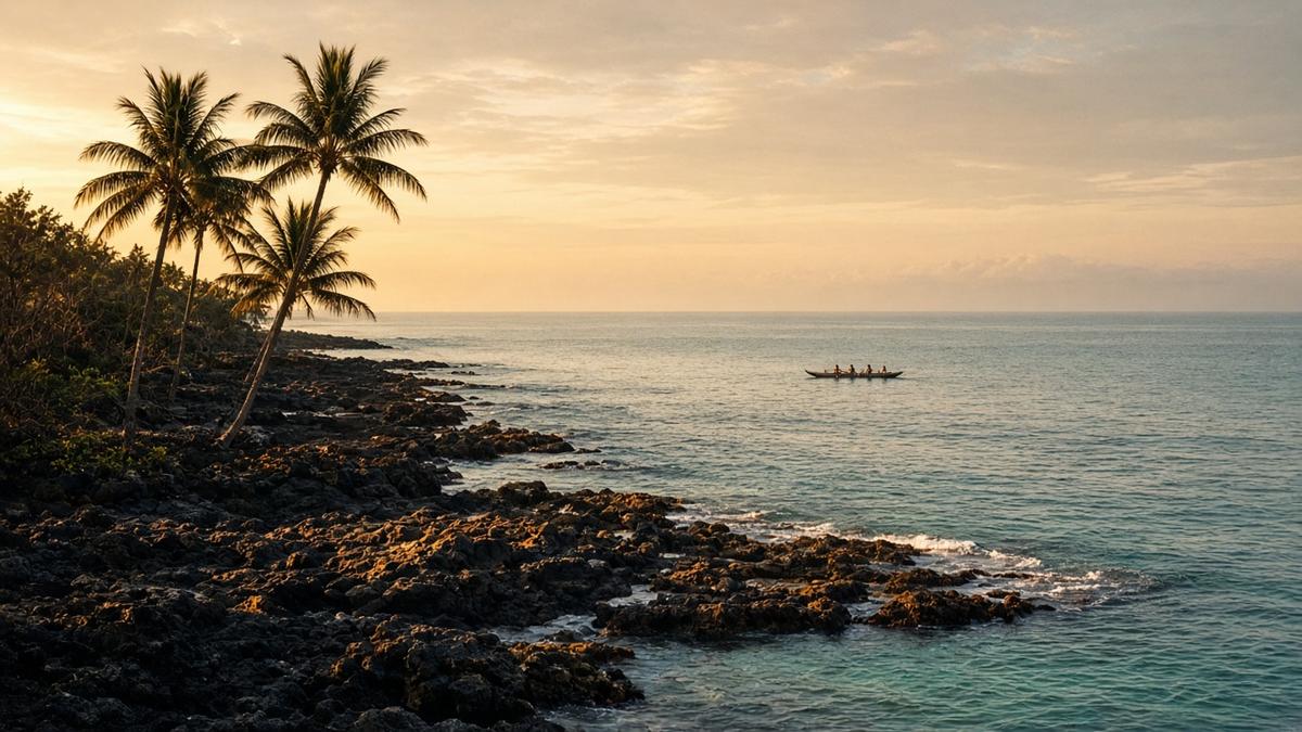 Black lava rock shoreline on the Kona coast at golden hour, with an outrigger canoe offshore