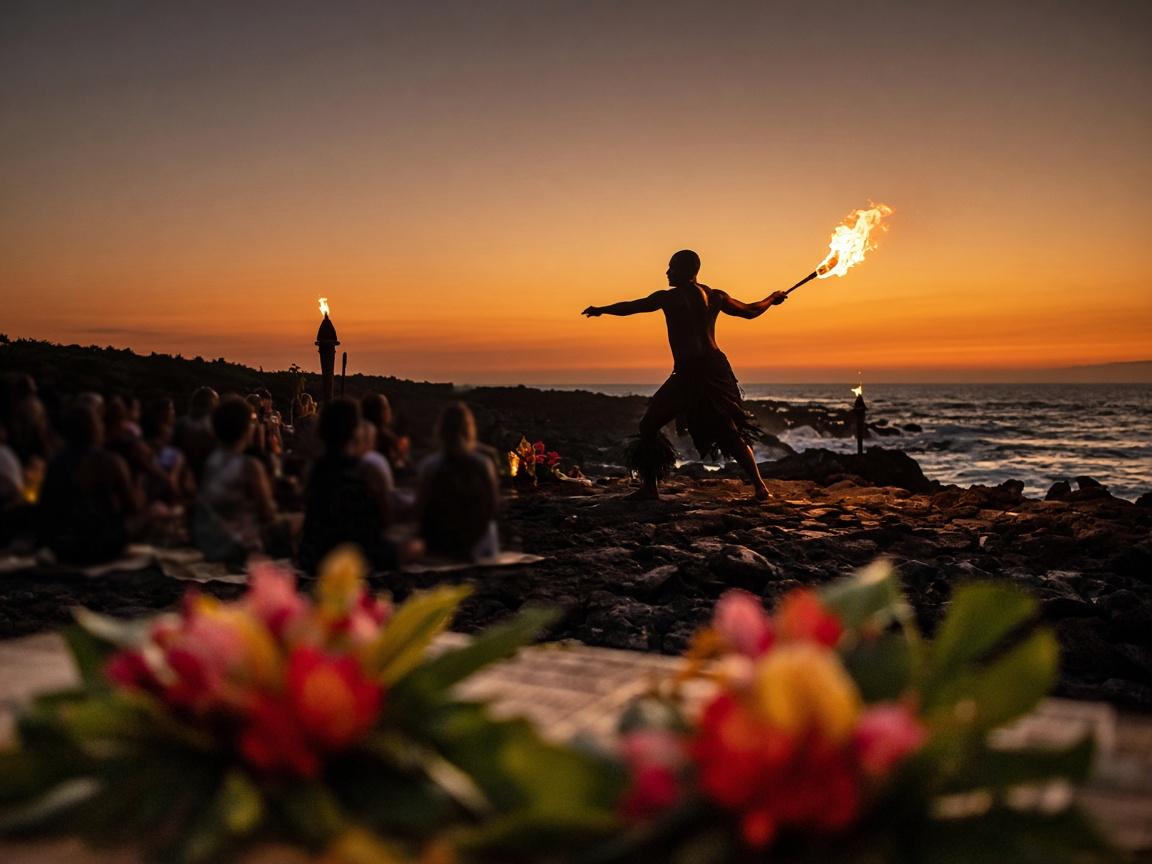 A fire-knife dancer at a Kona luau at sunset