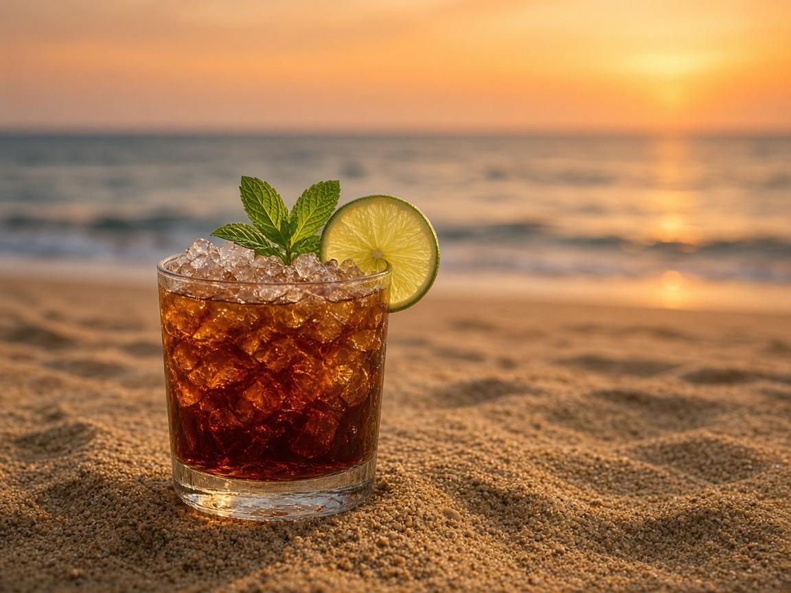A mai tai on the sand at sunset, lime and mint