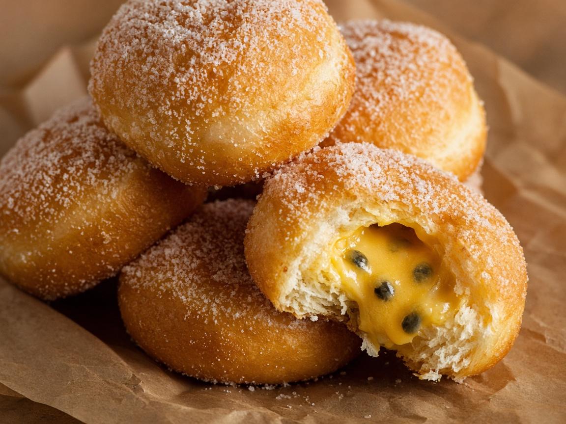 Sugar-dusted malasadas, one torn open with lilikoi filling