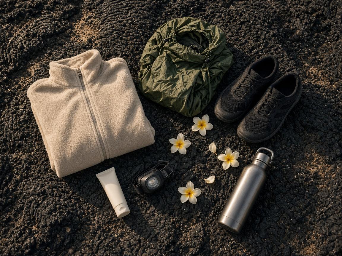 Fleece jacket, rain jacket, water shoes, sunscreen, headlamp and a water bottle laid out on black lava rock
