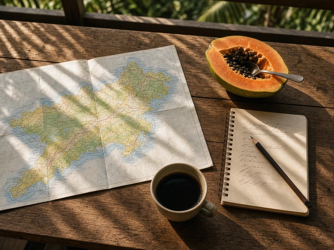 A paper map, a notebook and a cup of coffee on a lanai table in morning light