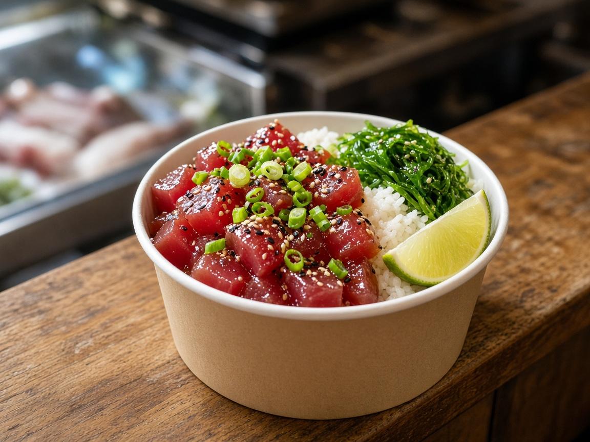 A takeaway poke bowl of ahi, rice and seaweed on a wooden counter