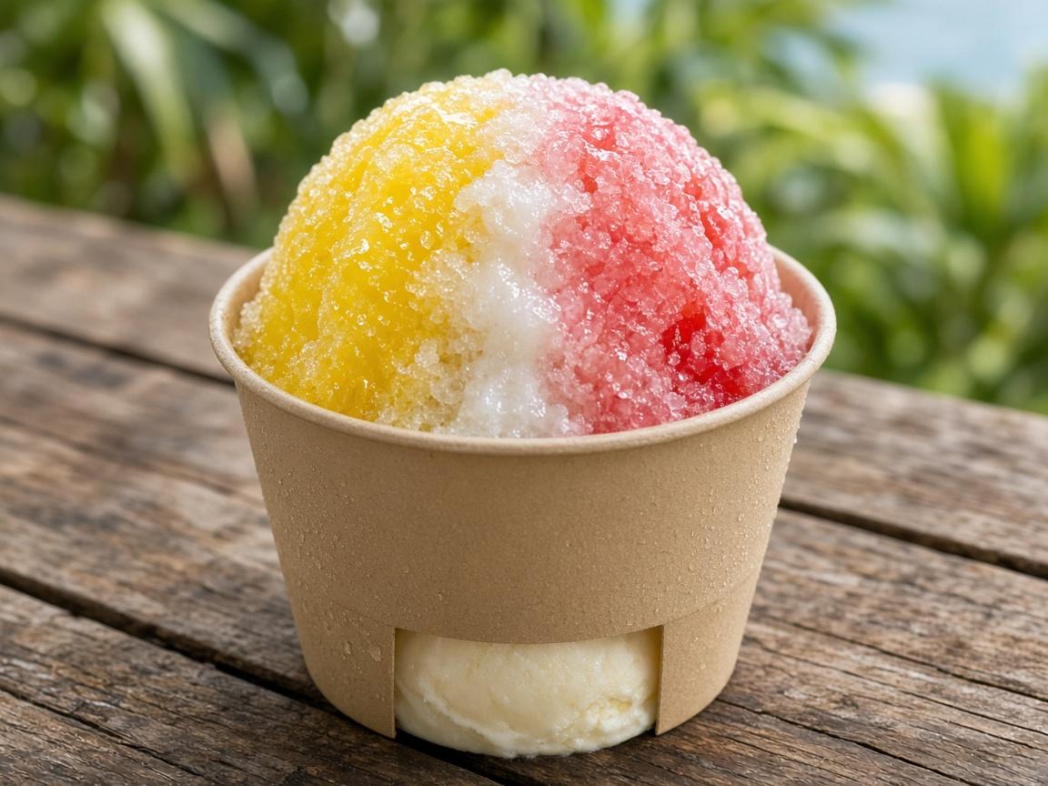 A shave ice with lilikoi, coconut and guava syrup