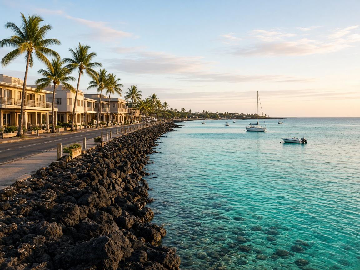 Paseo marítimo de Kailua-Kona por la mañana, palmeras y edificios bajos junto a la bahía