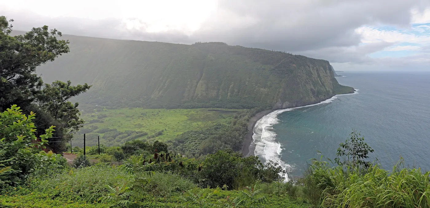 Waipiʻo Valley from the lookout, with black sand at the mouth and green cliffs on both sides